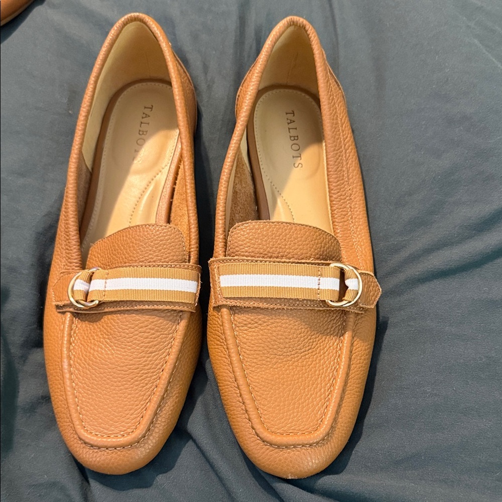 Talbots Camel Leather Loafers with Strap Accent